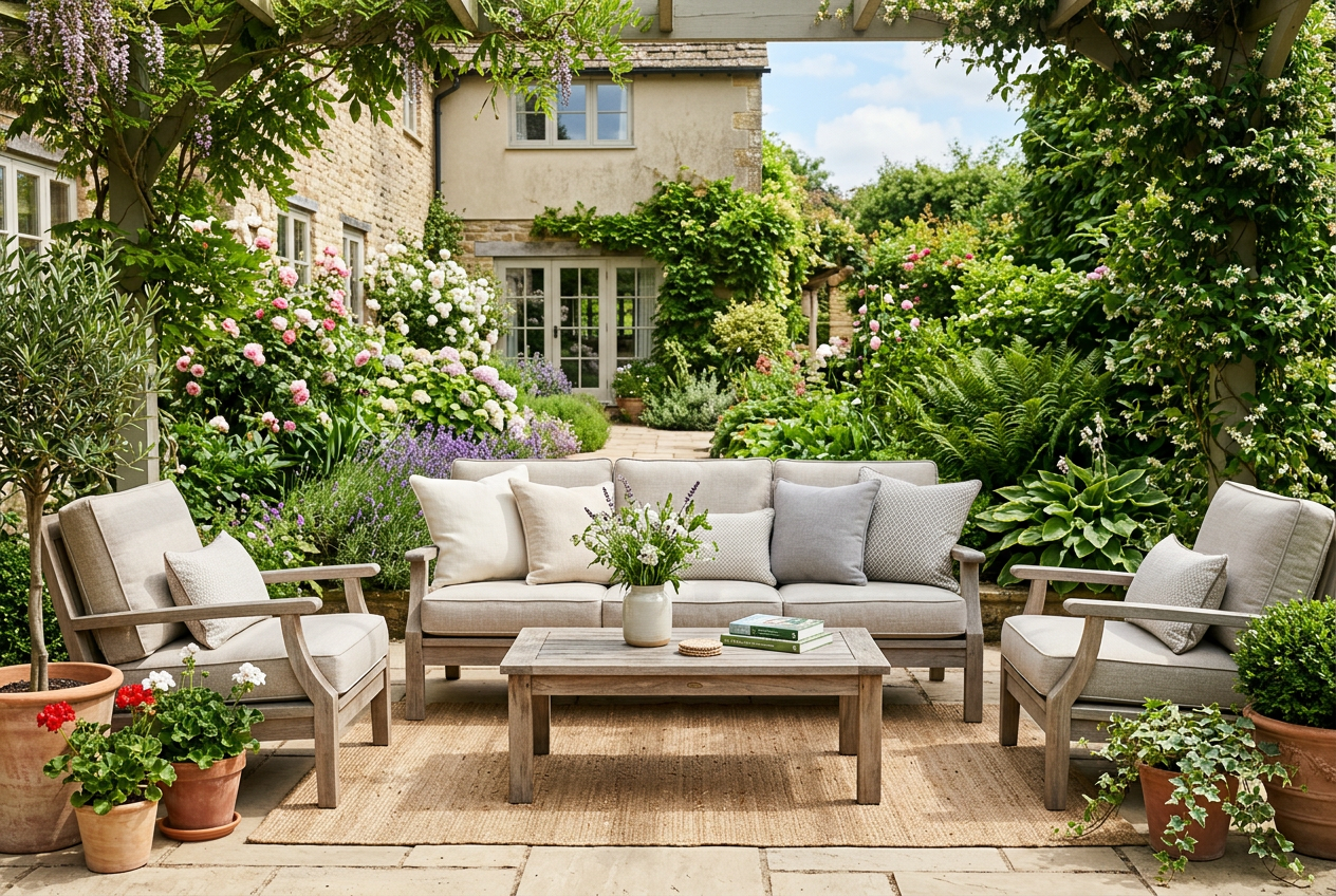 Custom patio cushion covers on outdoor furniture