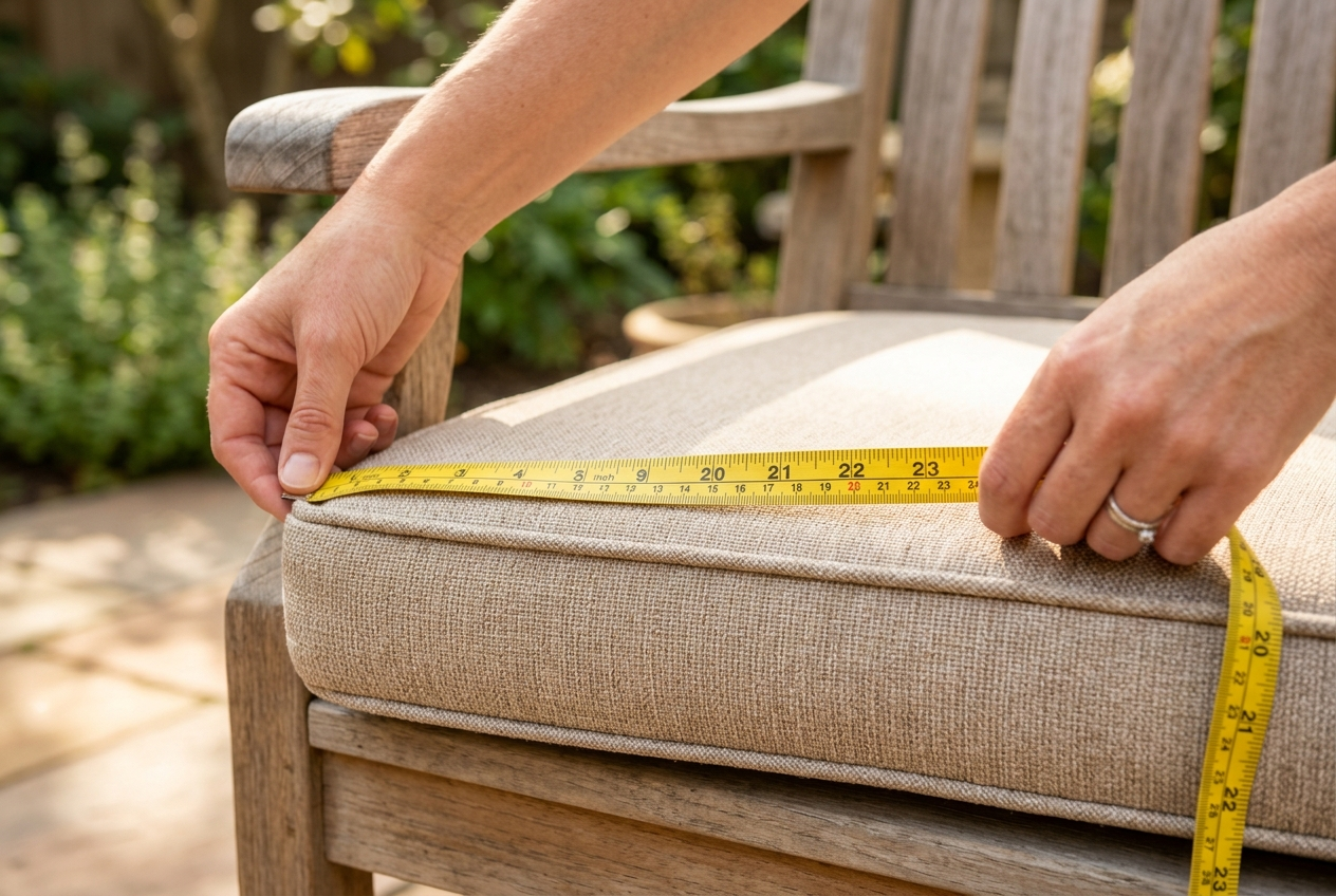 Measuring patio cushion width with a tape measure