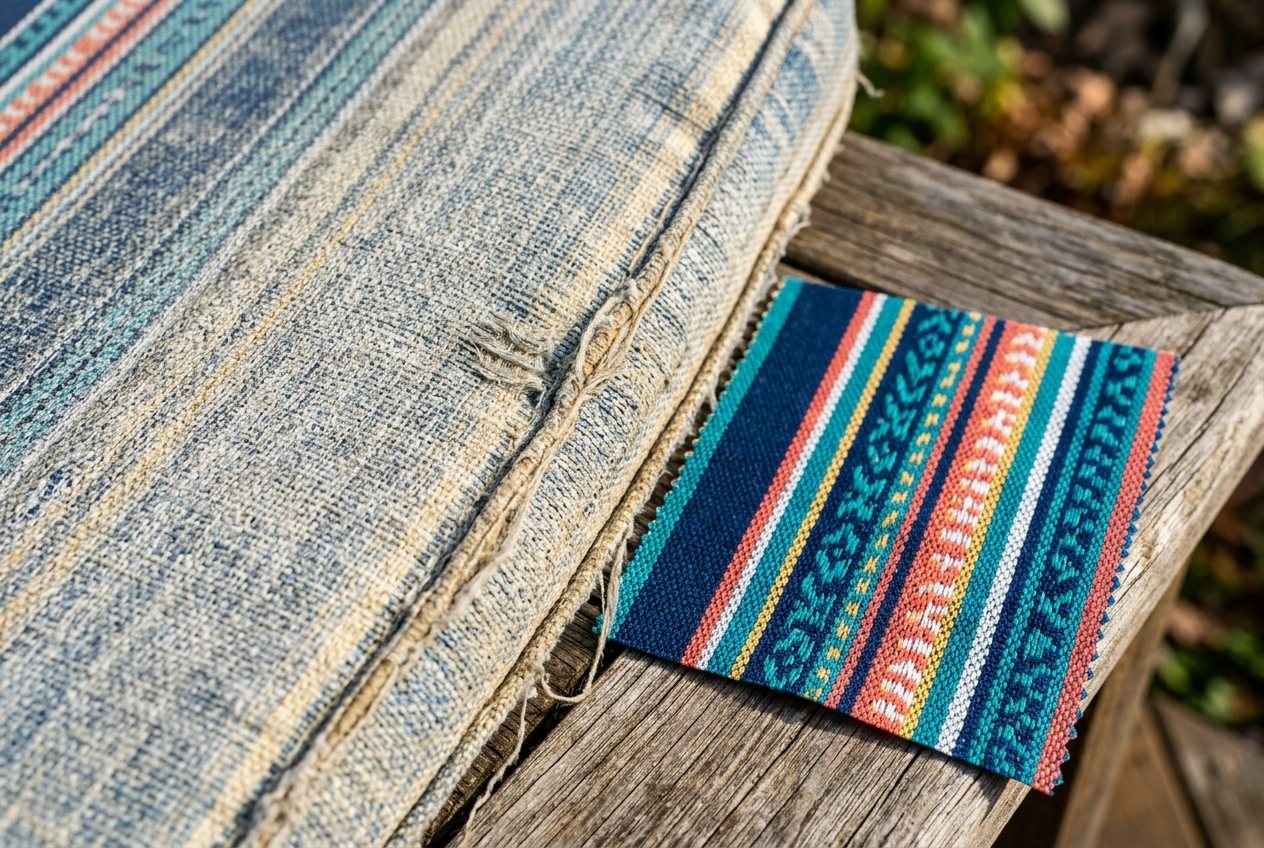 Faded and worn patio cushion showing why cost comparison matters