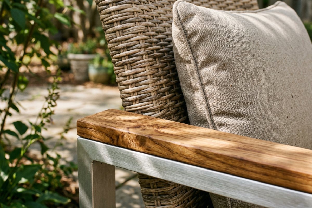 Natural outdoor furniture materials including teak, woven wicker and aluminum with a performance fabric cushion