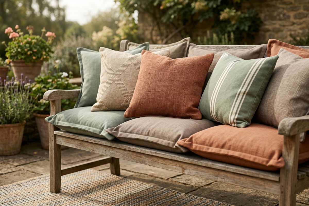 Outdoor cushion color trends in sage green, terracotta and warm taupe on a teak bench