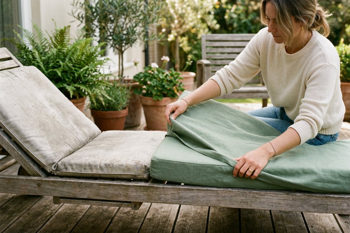 Replacing a faded outdoor cushion with a fresh sage green cushion cover on a teak lounge chair