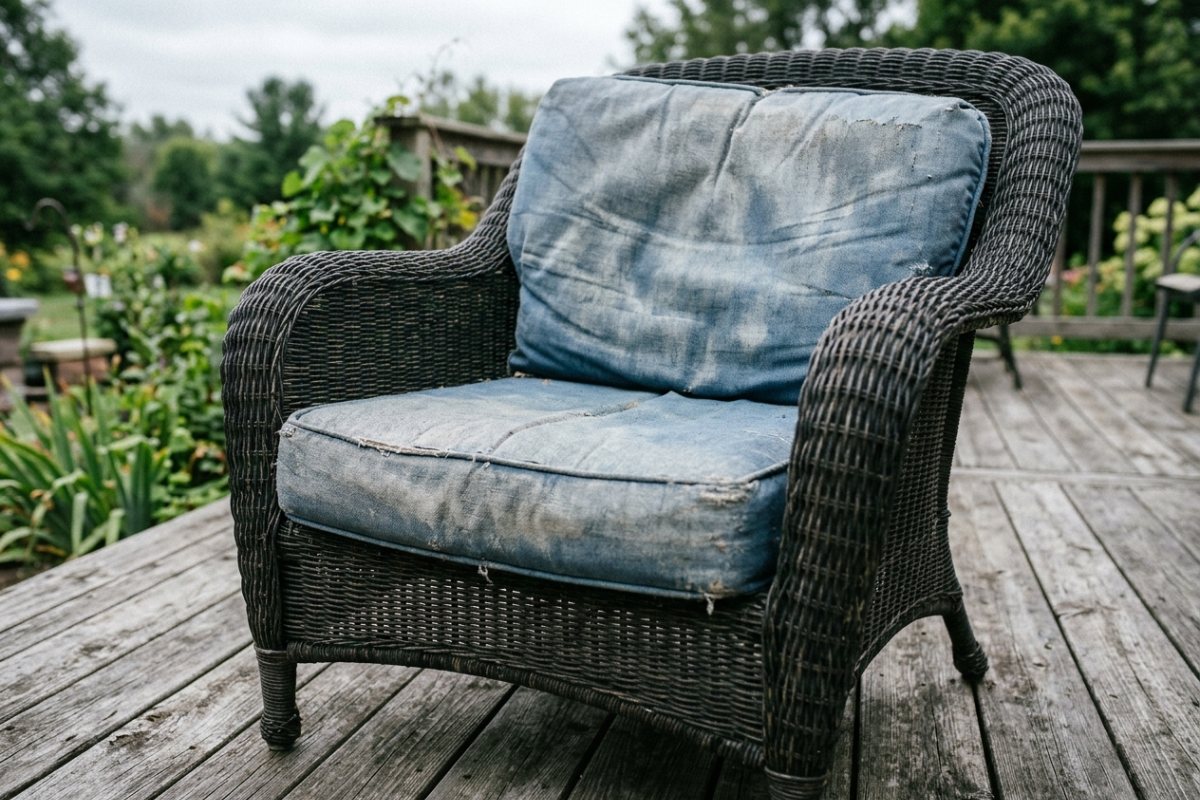 Faded outdoor furniture cushion covers on a patio chair